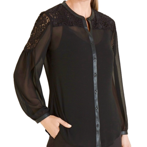 NWT Women’s Chico’s Semi Sheer Black Faux Leather Lace Top Shirt Blouse Size 1